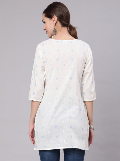 Women White Printed Straight Tunic With Three Quarter Sleeves | LASVINI - Redefining Indian Fashion with Elegance