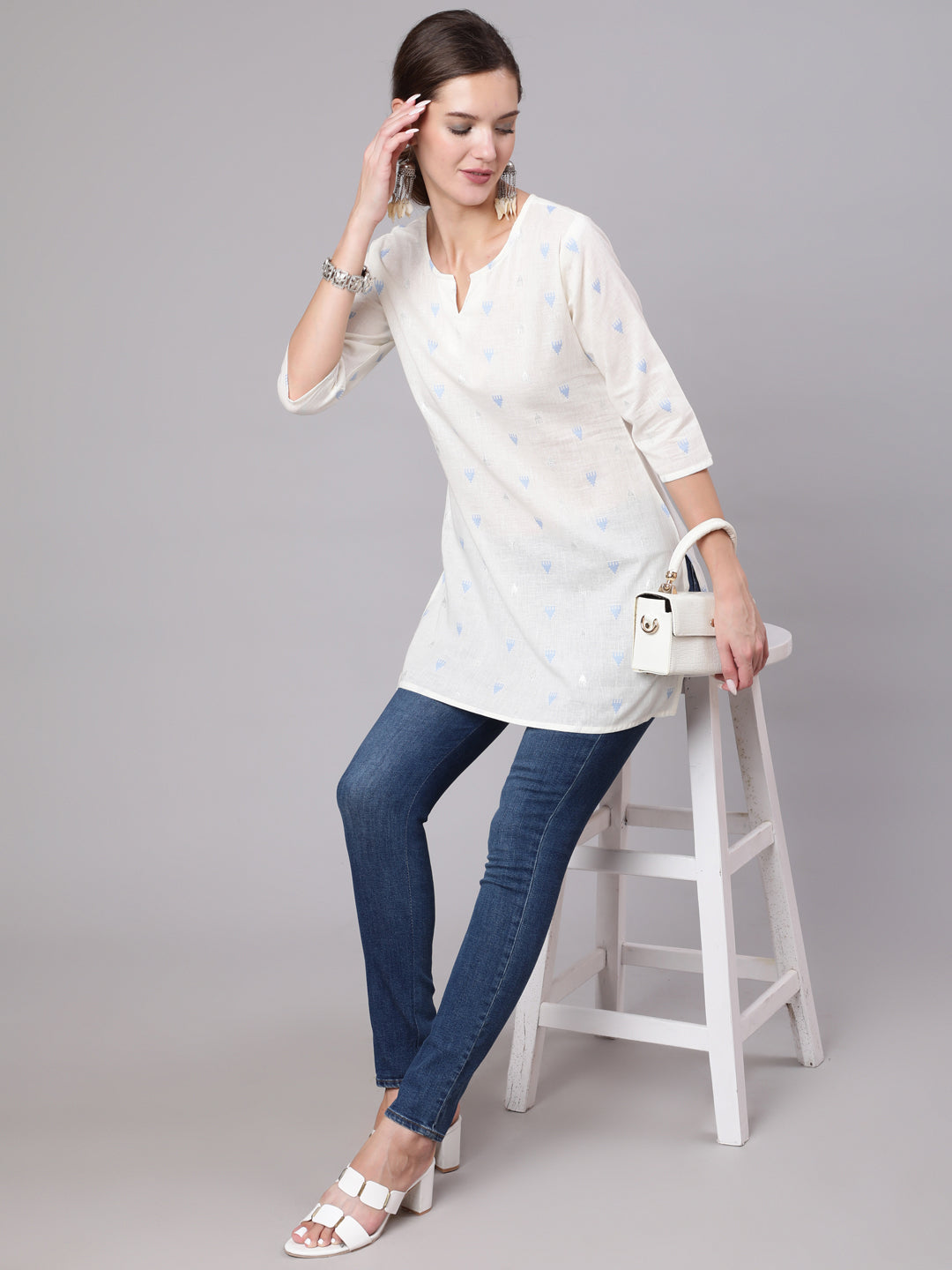 Women White Printed Straight Tunic With Three Quarter Sleeves | LASVINI - Redefining Indian Fashion with Elegance