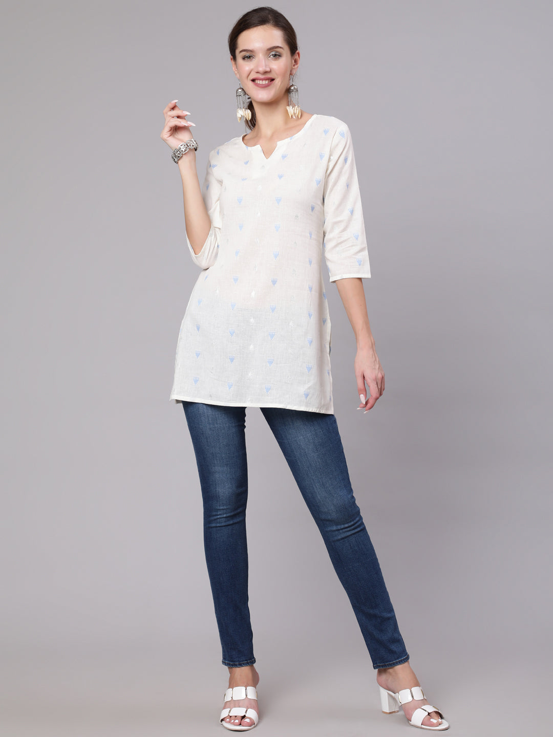 Women White Printed Straight Tunic With Three Quarter Sleeves | LASVINI - Redefining Indian Fashion with Elegance