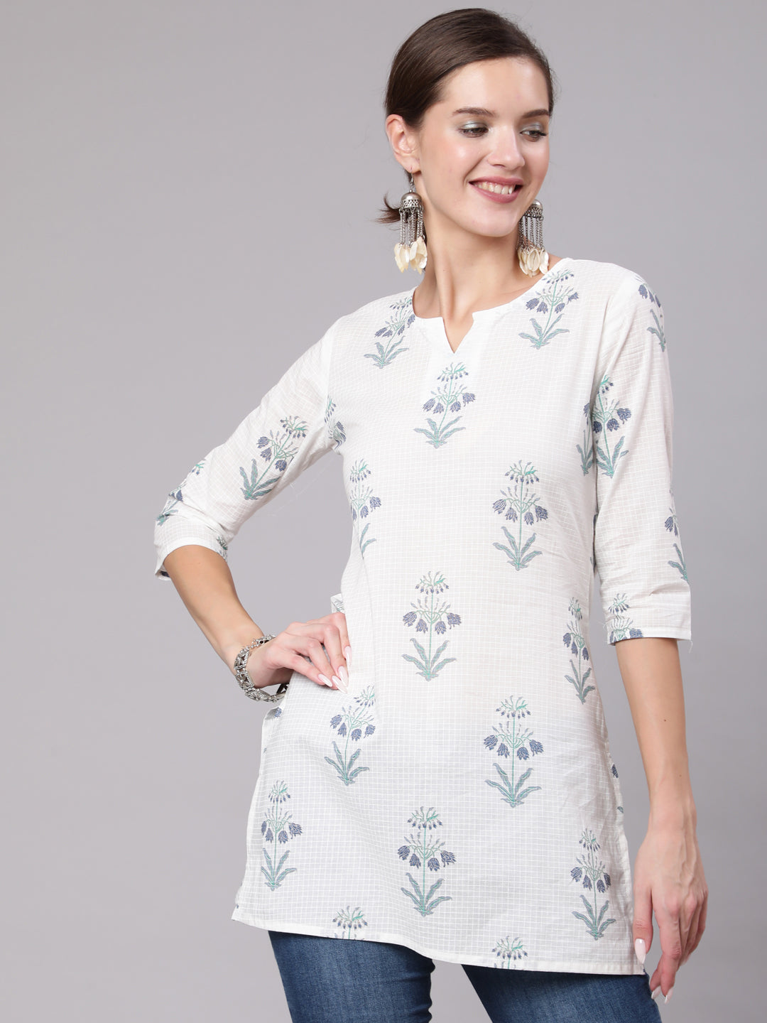 Women White Printed Straight Tunic With Three Quarter Sleeves | LASVINI - Redefining Indian Fashion with Elegance