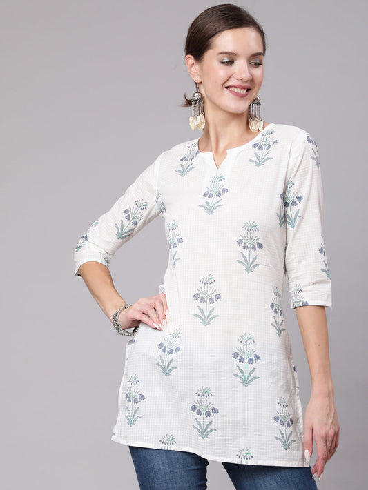 Women White Printed Straight Tunic With Three Quarter Sleeves | LASVINI - Redefining Indian Fashion with Elegance