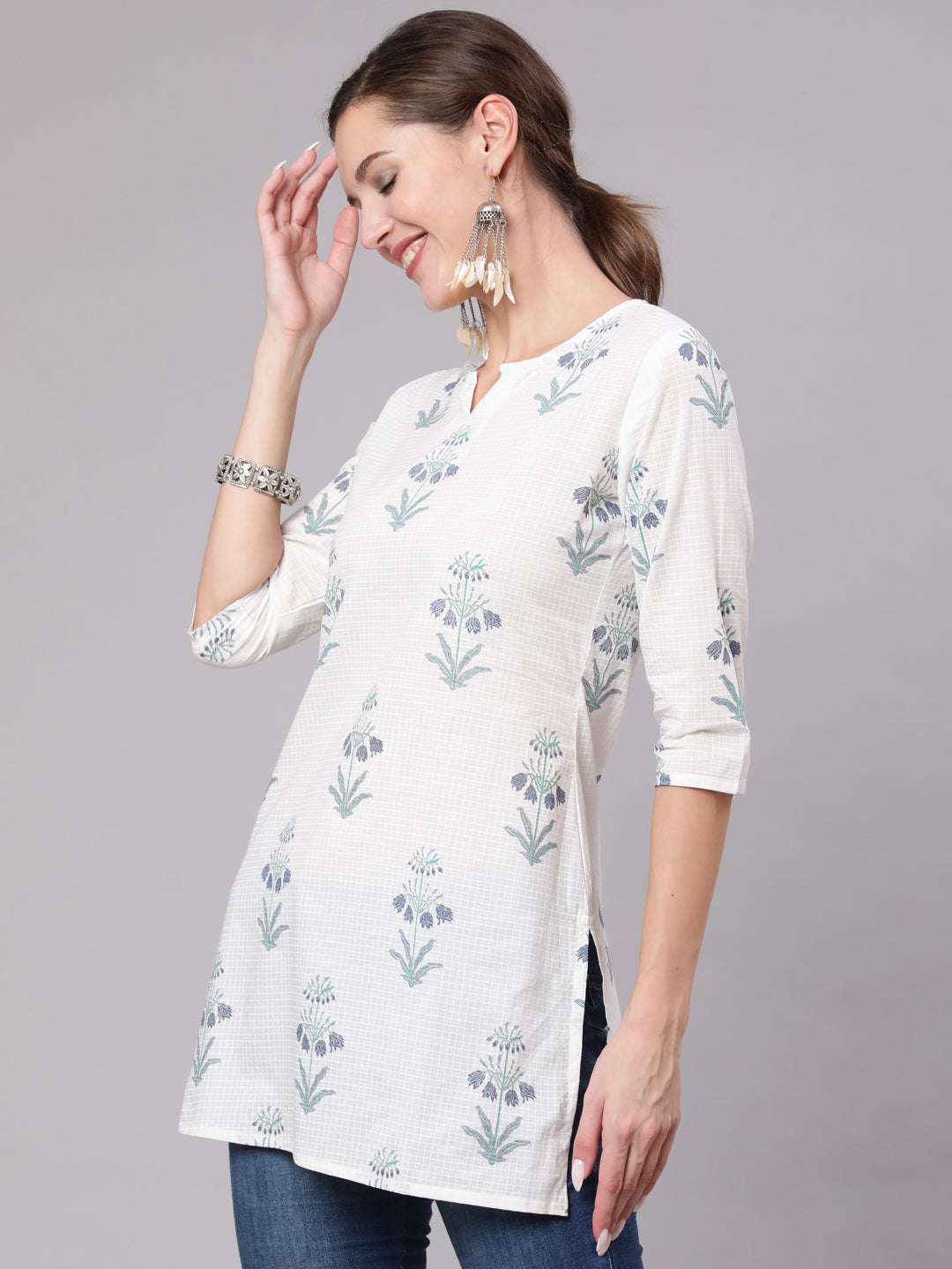 Women White Printed Straight Tunic With Three Quarter Sleeves | LASVINI - Redefining Indian Fashion with Elegance