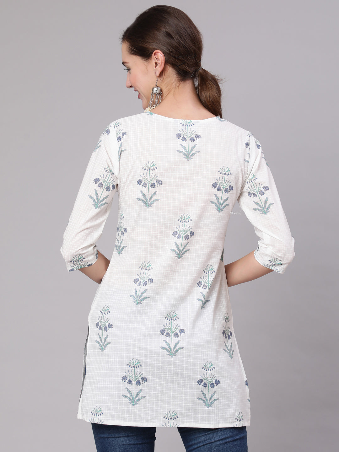 Women White Printed Straight Tunic With Three Quarter Sleeves | LASVINI - Redefining Indian Fashion with Elegance
