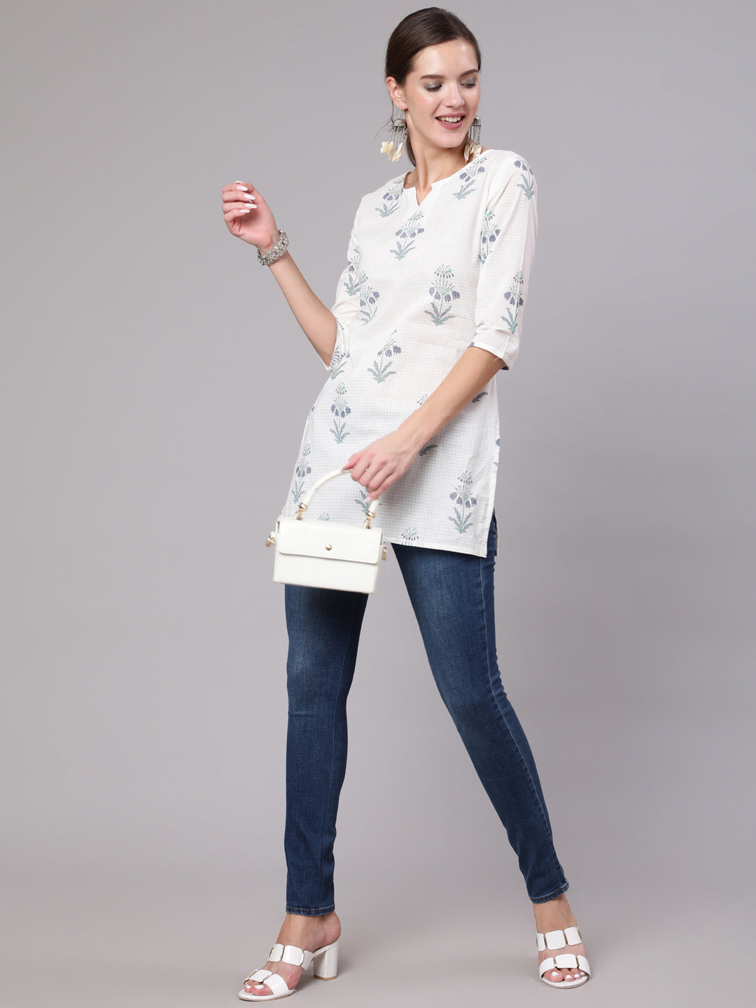 Women White Printed Straight Tunic With Three Quarter Sleeves | LASVINI - Redefining Indian Fashion with Elegance