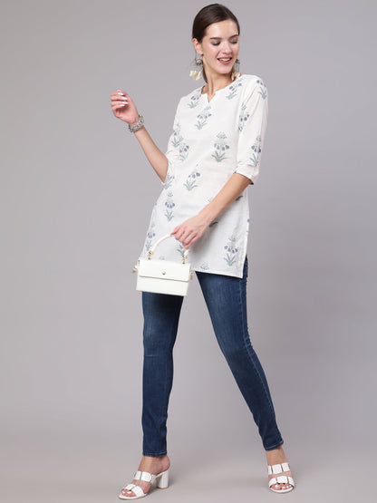 Women White Printed Straight Tunic With Three Quarter Sleeves | LASVINI - Redefining Indian Fashion with Elegance