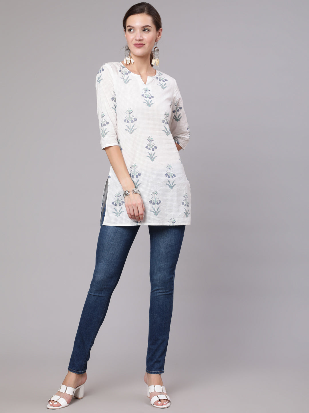 Women White Printed Straight Tunic With Three Quarter Sleeves | LASVINI - Redefining Indian Fashion with Elegance
