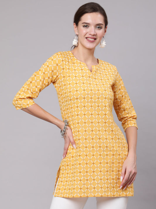 Women Yellow Printed Straight Tunic With Three Quarter Sleeves | LASVINI - Redefining Indian Fashion with Elegance