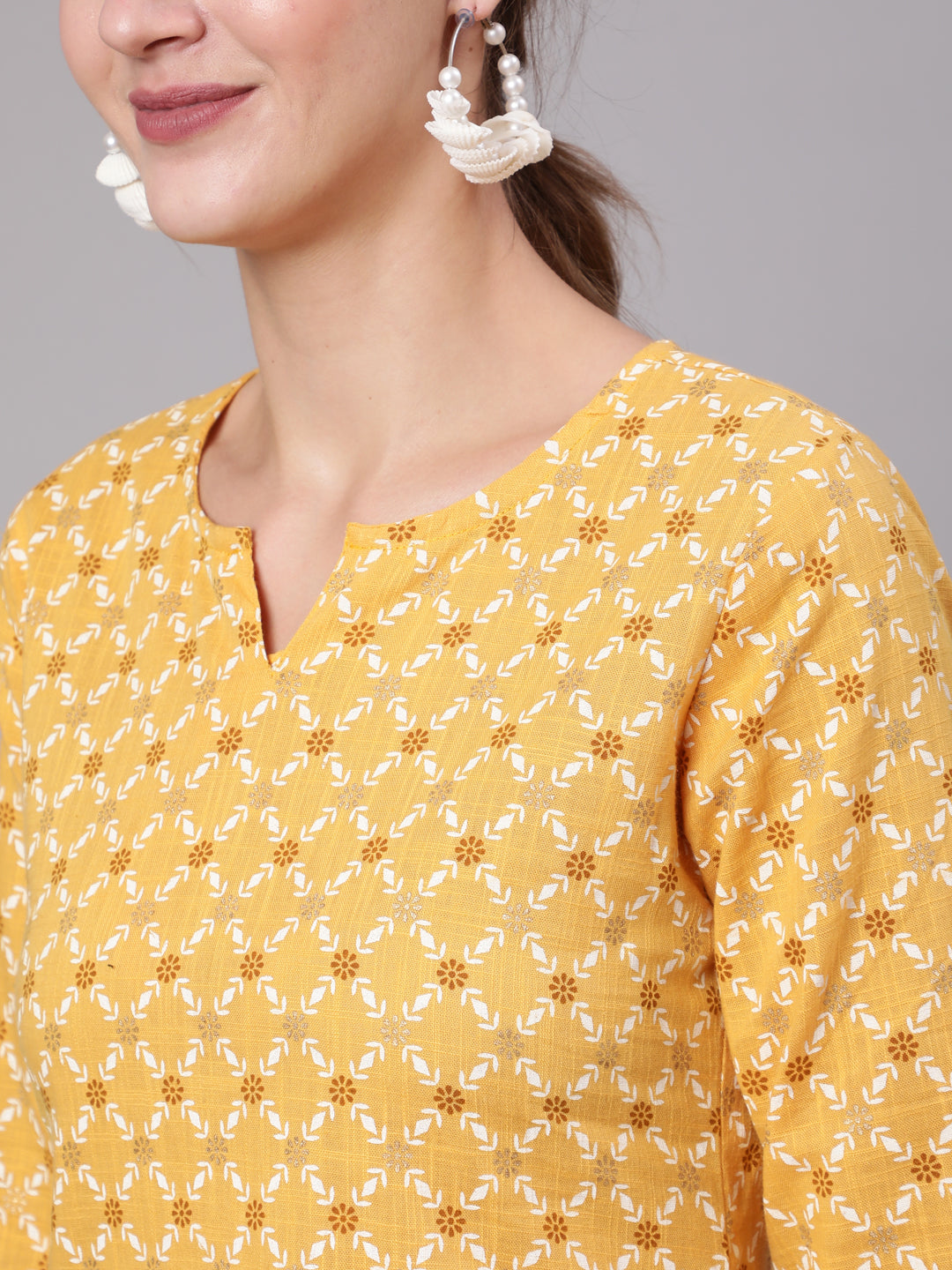 Women Yellow Printed Straight Tunic With Three Quarter Sleeves | LASVINI - Redefining Indian Fashion with Elegance