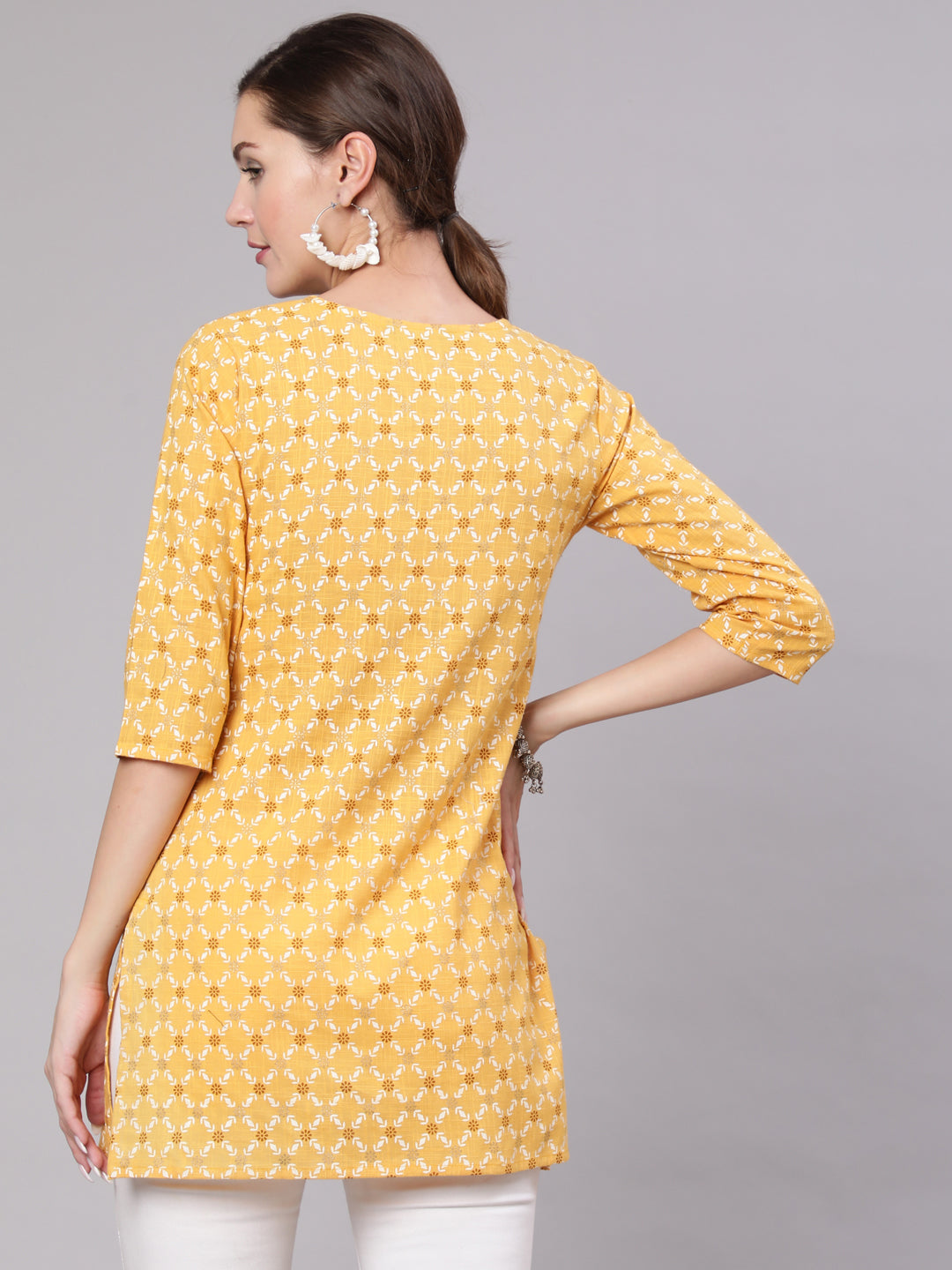 Women Yellow Printed Straight Tunic With Three Quarter Sleeves | LASVINI - Redefining Indian Fashion with Elegance