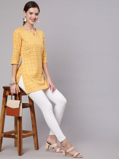 Women Yellow Printed Straight Tunic With Three Quarter Sleeves | LASVINI - Redefining Indian Fashion with Elegance