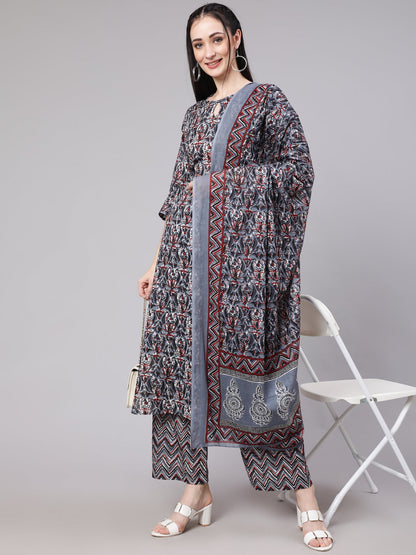 Women Multi Ethnic Printed Kurta With Palazzo And Dupatta | LASVINI - Redefining Indian Fashion with Elegance