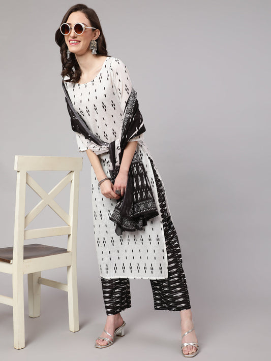 Women Off White Printed Straight Kurta With Palazzo & Dupatta | LASVINI - Redefining Indian Fashion with Elegance