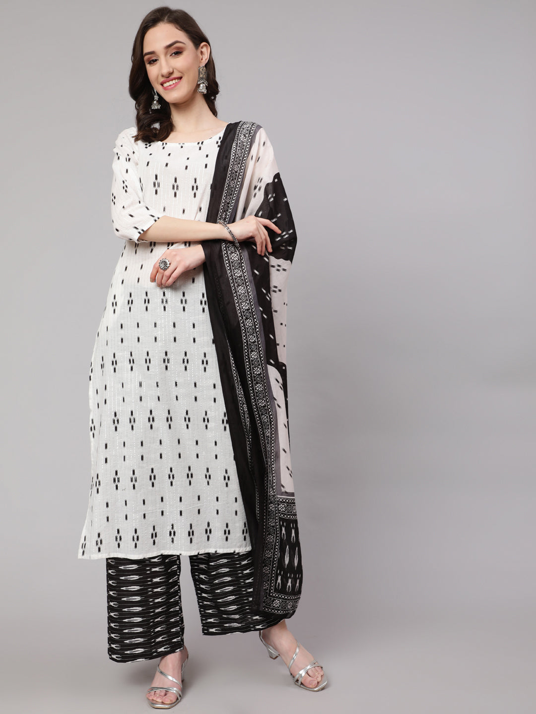 Women Off White Printed Straight Kurta With Palazzo & Dupatta | LASVINI - Redefining Indian Fashion with Elegance