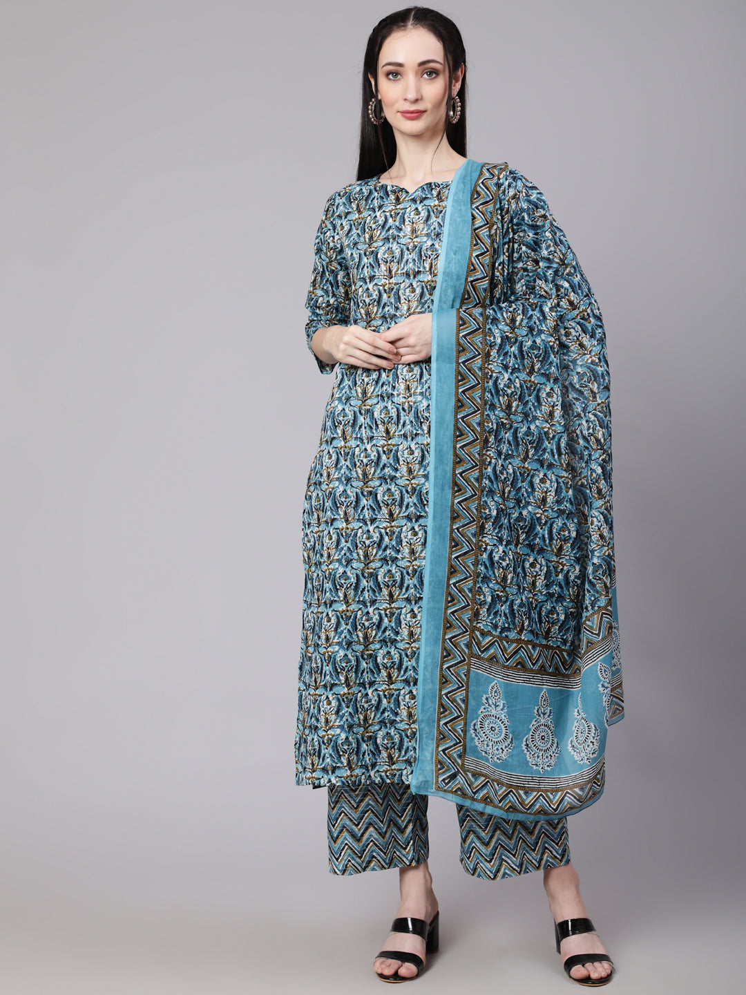 Women Multi Ethnic Printed Kurta With Palazzo And Dupatta | LASVINI - Redefining Indian Fashion with Elegance