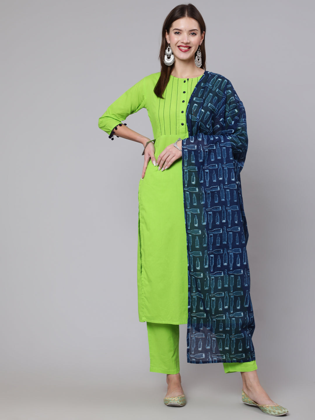 Women Green Solid Kurta And Trouser With Printed Dupatta | LASVINI - Redefining Indian Fashion with Elegance