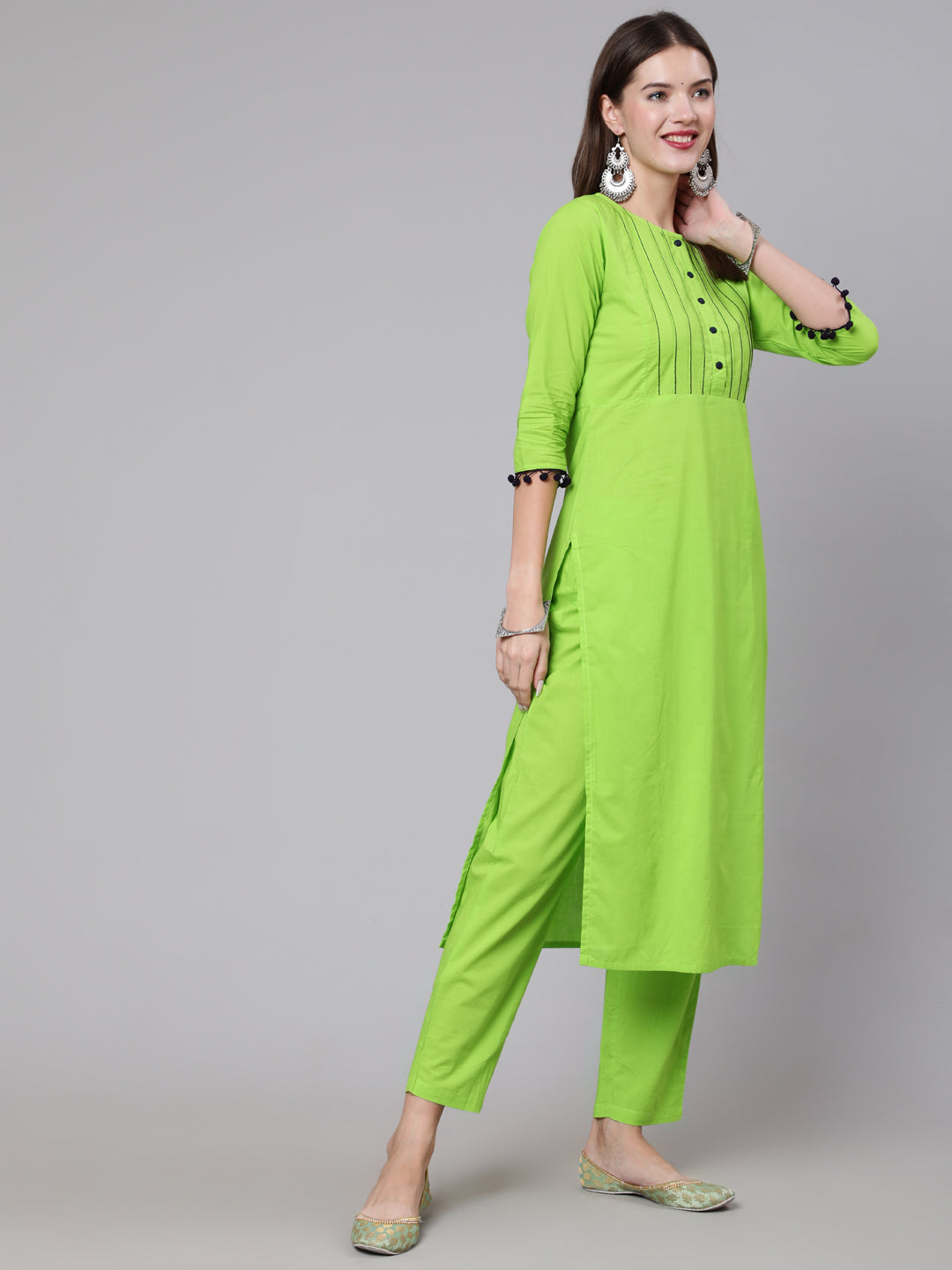 Women Green Solid Kurta And Trouser With Printed Dupatta | LASVINI - Redefining Indian Fashion with Elegance
