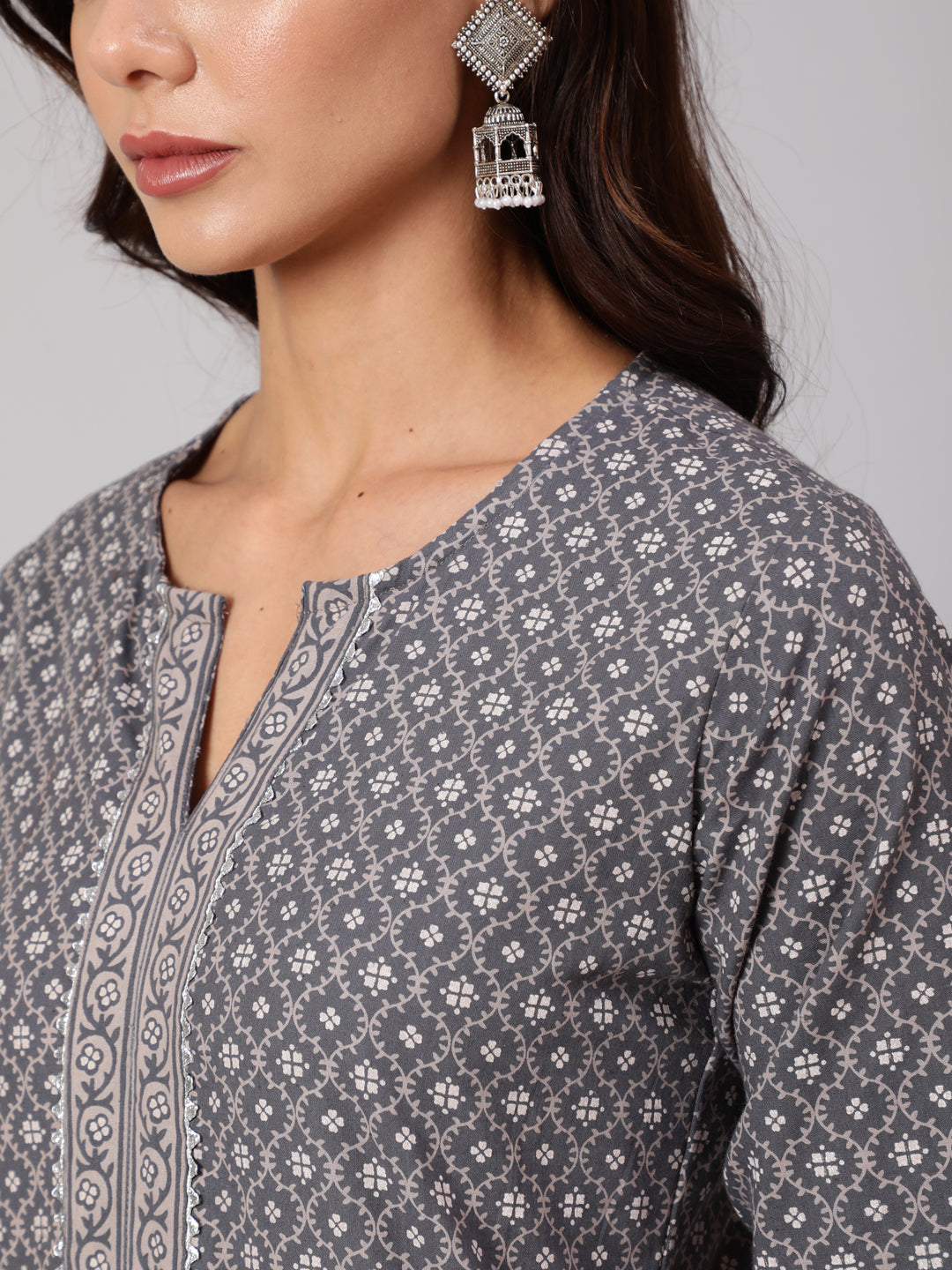Women Grey Printed Straight Kurta With Three Quarter Sleeves | LASVINI - Redefining Indian Fashion with Elegance