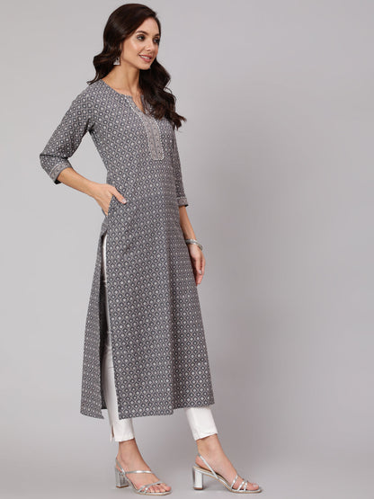 Women Grey Printed Straight Kurta With Three Quarter Sleeves | LASVINI - Redefining Indian Fashion with Elegance