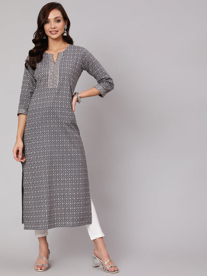 Women Grey Printed Straight Kurta With Three Quarter Sleeves | LASVINI - Redefining Indian Fashion with Elegance