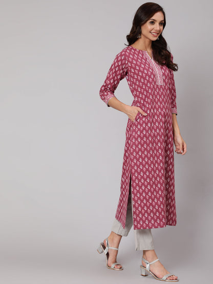 Women Mauve Printed Straight Kurta With Three Quarter Sleeves | LASVINI - Redefining Indian Fashion with Elegance