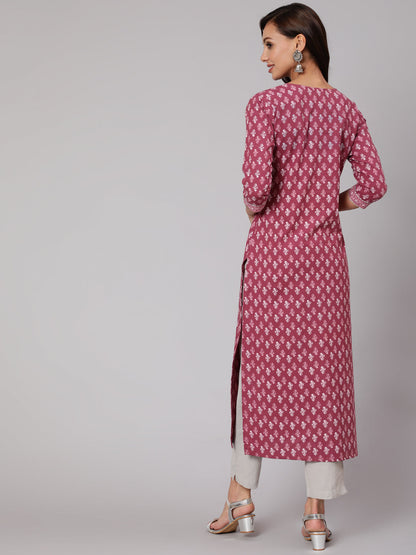 Women Mauve Printed Straight Kurta With Three Quarter Sleeves | LASVINI - Redefining Indian Fashion with Elegance