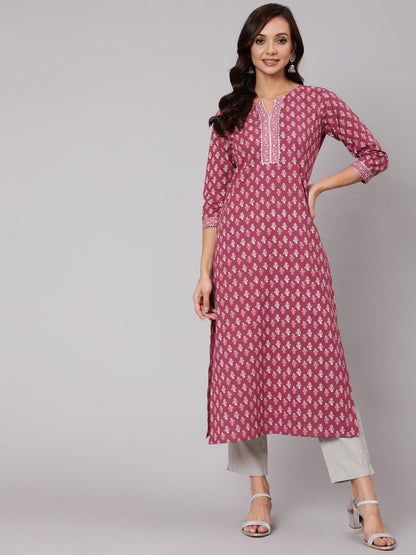 Women Mauve Printed Straight Kurta With Three Quarter Sleeves | LASVINI - Redefining Indian Fashion with Elegance