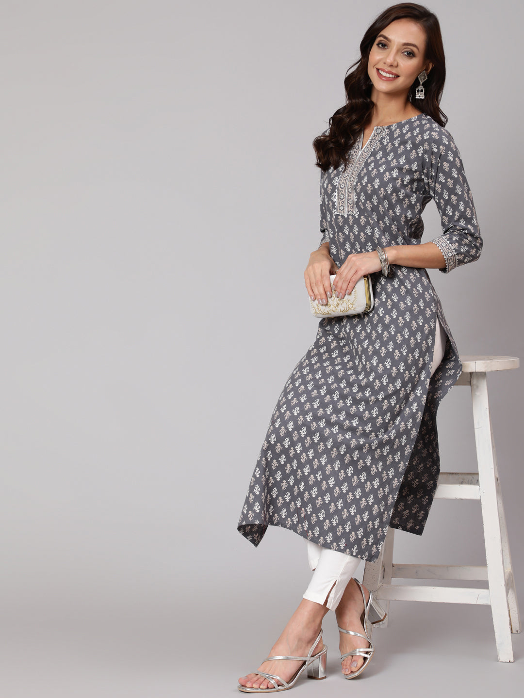 Women Grey Printed Straight Kurta With Three Quarter Sleeves | LASVINI - Redefining Indian Fashion with Elegance