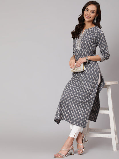 Women Grey Printed Straight Kurta With Three Quarter Sleeves | LASVINI - Redefining Indian Fashion with Elegance
