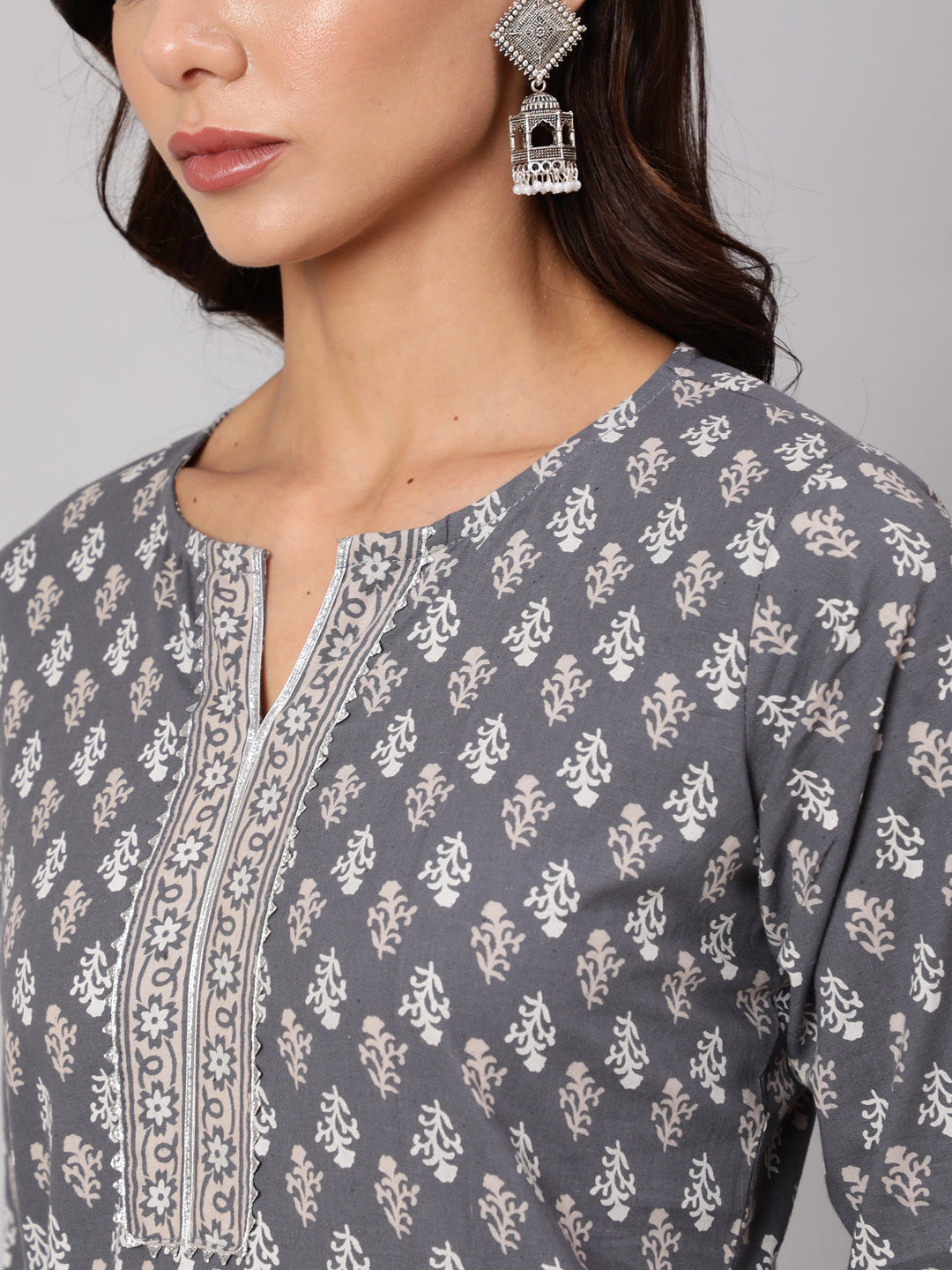 Women Grey Printed Straight Kurta With Three Quarter Sleeves | LASVINI - Redefining Indian Fashion with Elegance