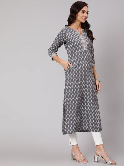 Women Grey Printed Straight Kurta With Three Quarter Sleeves | LASVINI - Redefining Indian Fashion with Elegance