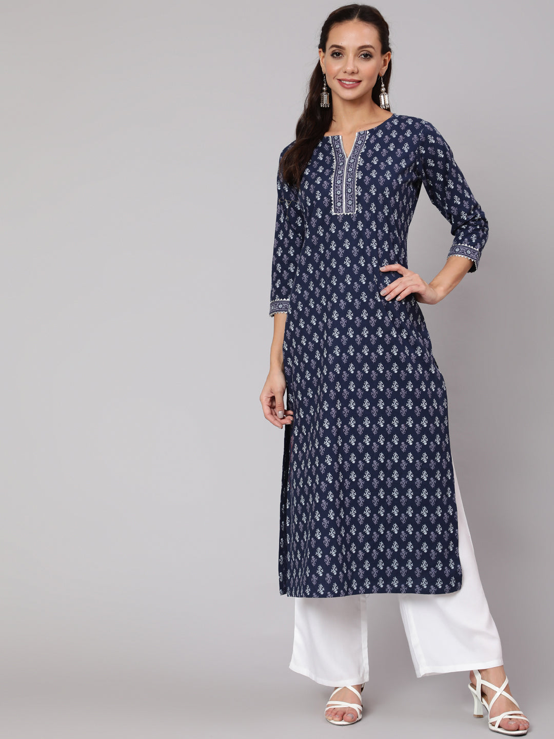 Women Blue Printed Straight Kurta With Three Quarter Sleeves | LASVINI - Redefining Indian Fashion with Elegance