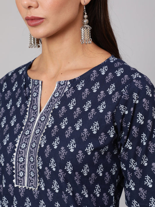 Women Blue Printed Straight Kurta With Three Quarter Sleeves | LASVINI - Redefining Indian Fashion with Elegance