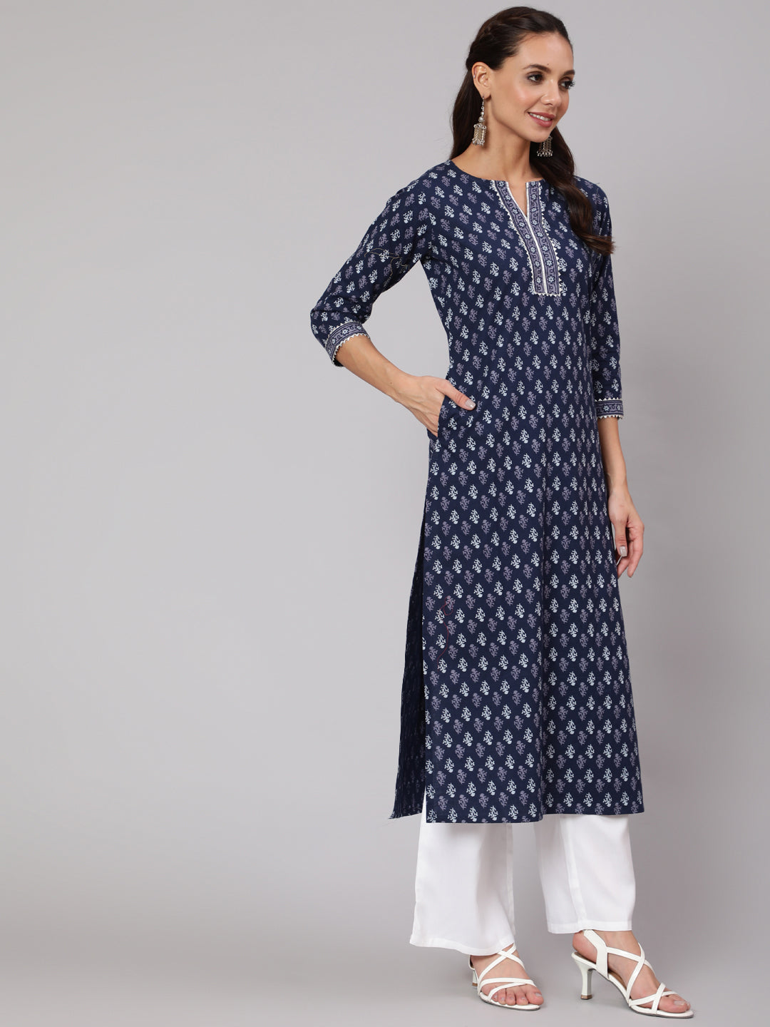 Women Blue Printed Straight Kurta With Three Quarter Sleeves | LASVINI - Redefining Indian Fashion with Elegance