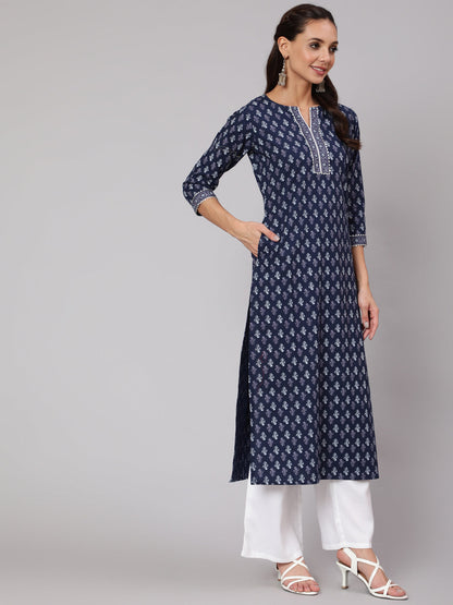 Women Blue Printed Straight Kurta With Three Quarter Sleeves | LASVINI - Redefining Indian Fashion with Elegance