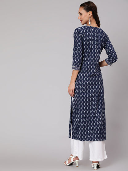 Women Blue Printed Straight Kurta With Three Quarter Sleeves | LASVINI - Redefining Indian Fashion with Elegance