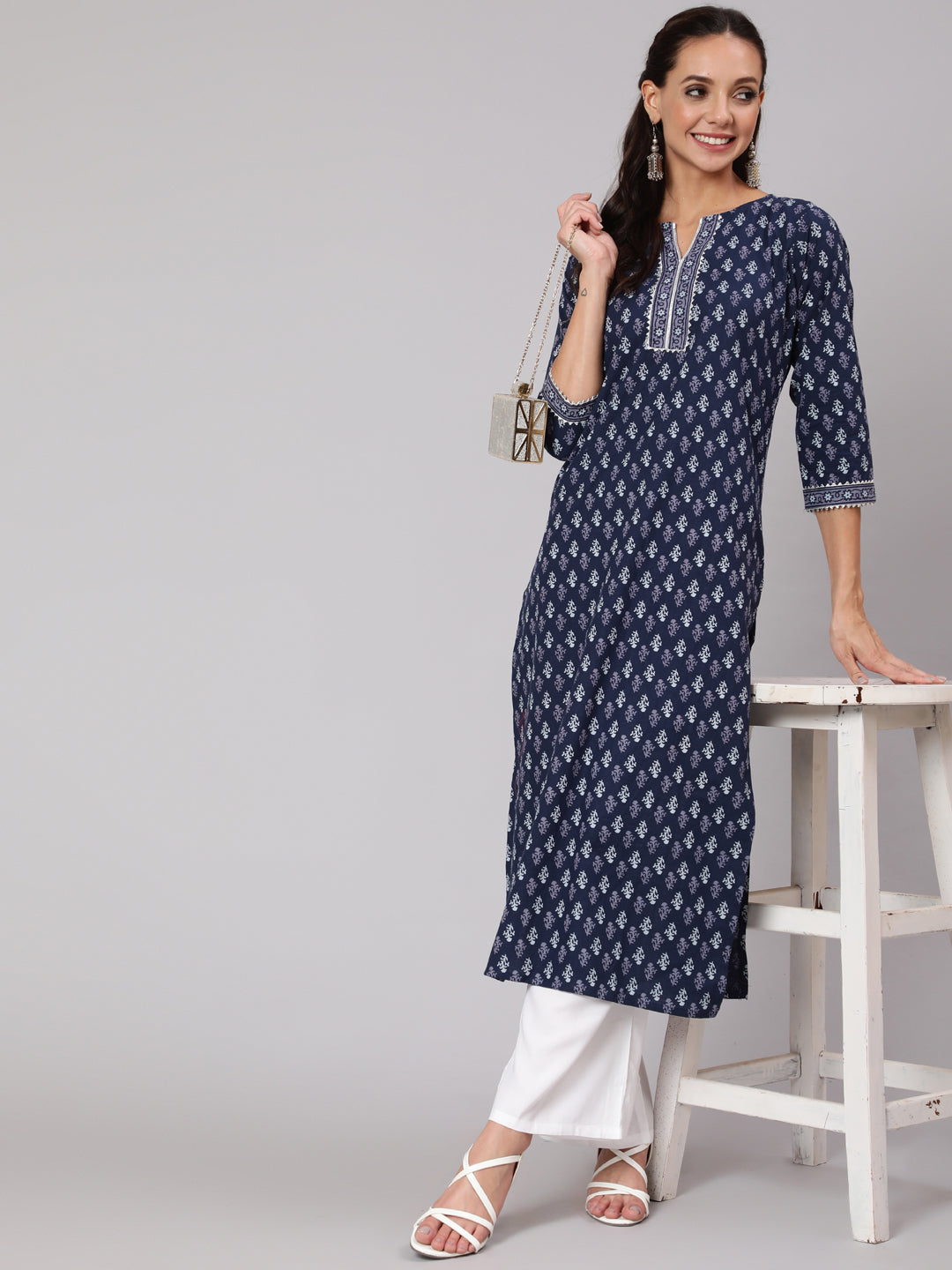 Women Blue Printed Straight Kurta With Three Quarter Sleeves | LASVINI - Redefining Indian Fashion with Elegance
