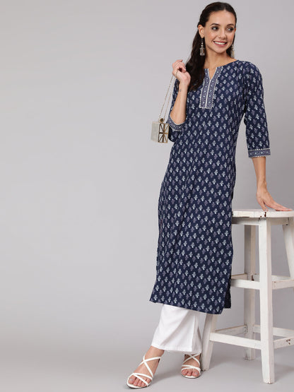 Women Blue Printed Straight Kurta With Three Quarter Sleeves | LASVINI - Redefining Indian Fashion with Elegance