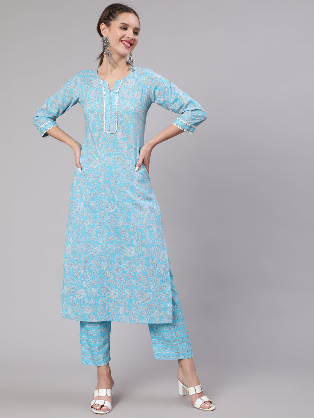 Women Blue Printed Straight Kurta And Trouser | LASVINI - Redefining Indian Fashion with Elegance