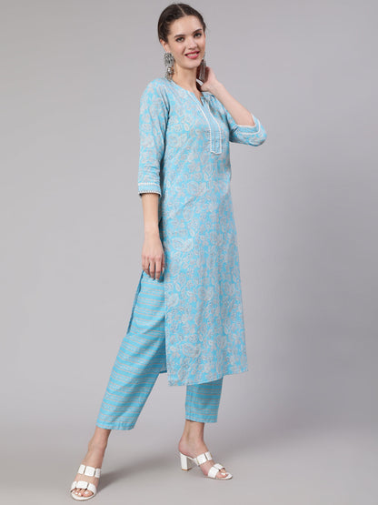 Women Blue Printed Straight Kurta And Trouser | LASVINI - Redefining Indian Fashion with Elegance