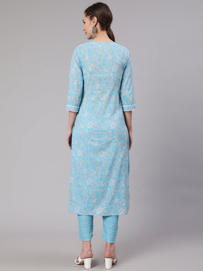 Women Blue Printed Straight Kurta And Trouser | LASVINI - Redefining Indian Fashion with Elegance
