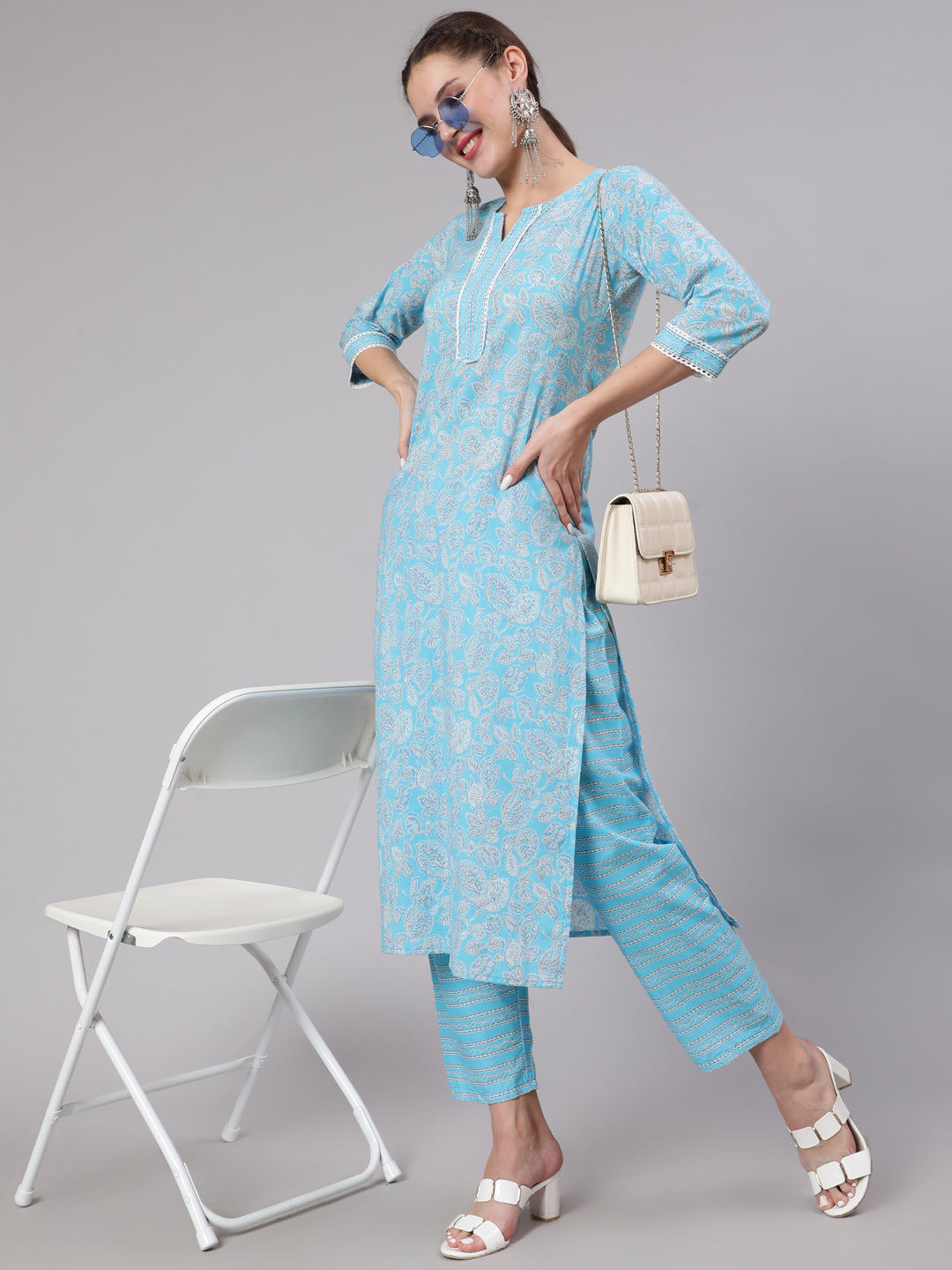 Women Blue Printed Straight Kurta And Trouser | LASVINI - Redefining Indian Fashion with Elegance