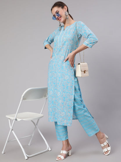 Women Blue Printed Straight Kurta And Trouser | LASVINI - Redefining Indian Fashion with Elegance