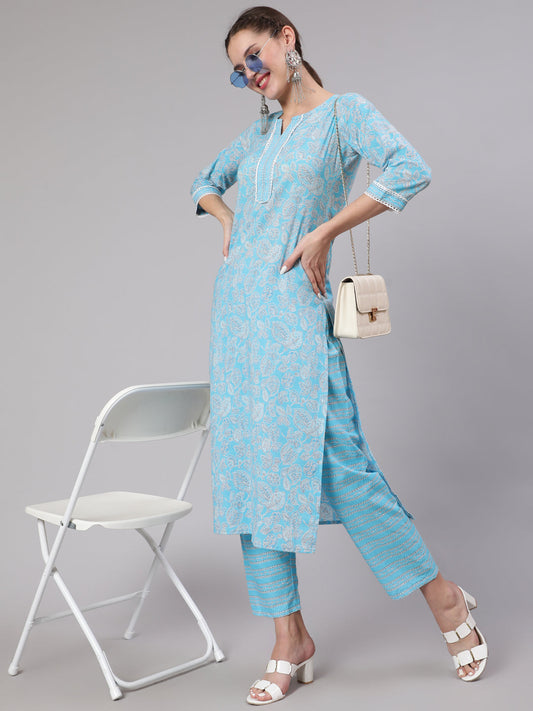 Women Blue Printed Straight Kurta And Trouser | LASVINI - Redefining Indian Fashion with Elegance