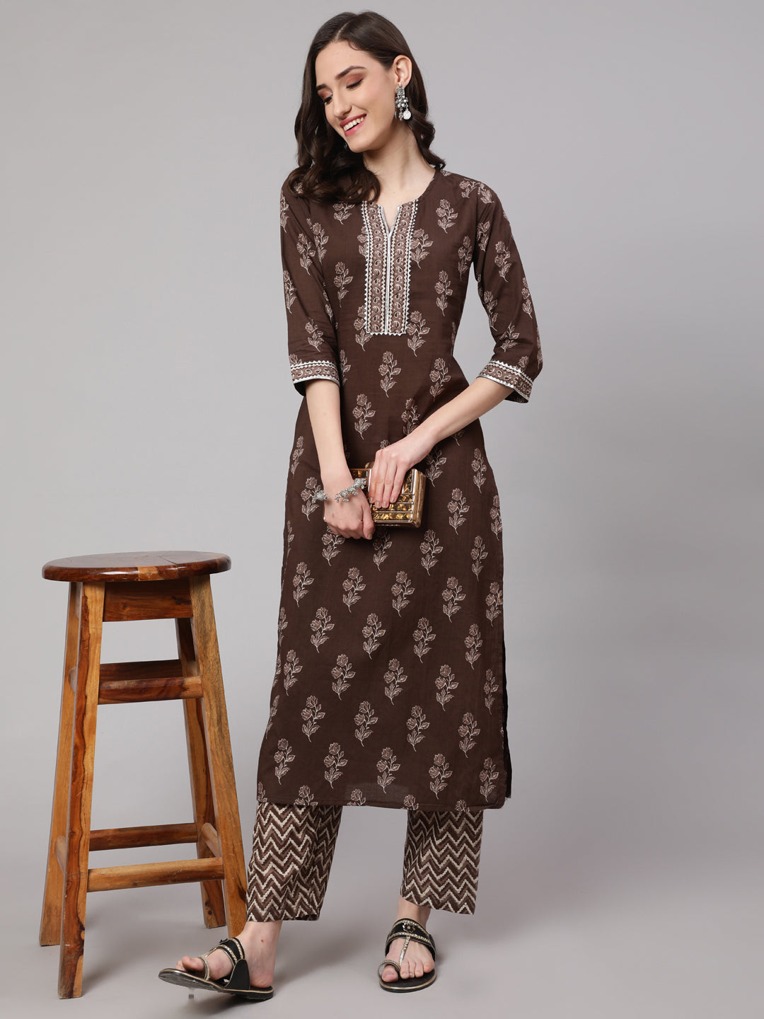 Women Brown Floral Printed Straight Kurta With Palazzo | LASVINI - Redefining Indian Fashion with Elegance