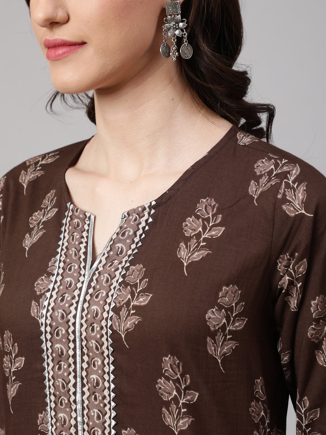 Women Brown Floral Printed Straight Kurta With Palazzo | LASVINI - Redefining Indian Fashion with Elegance