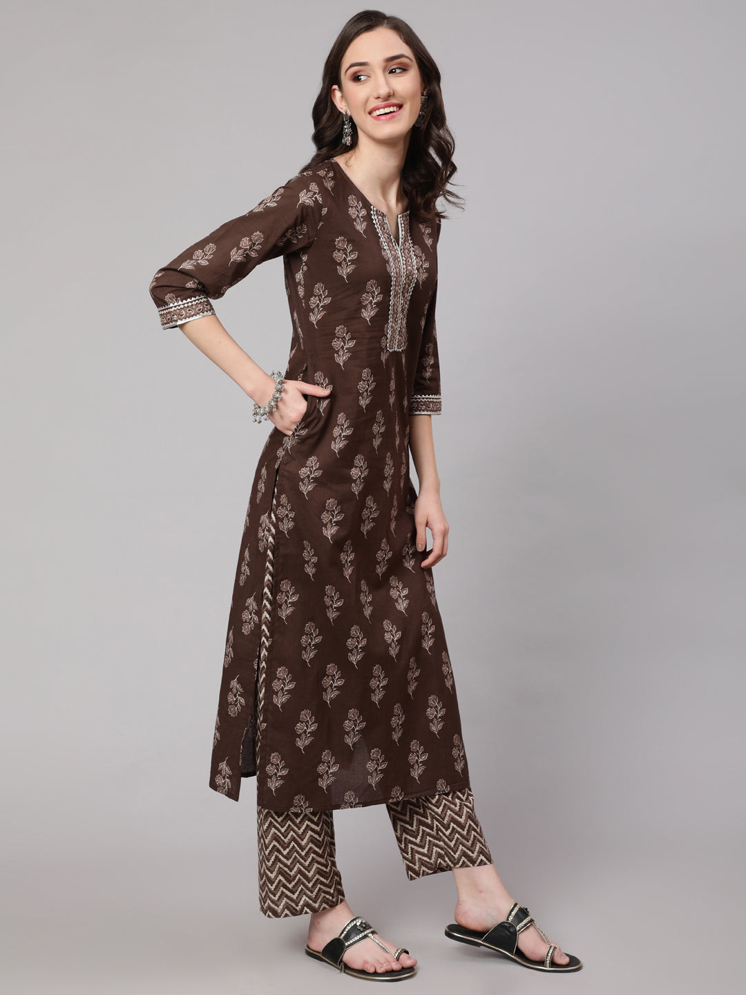 Women Brown Floral Printed Straight Kurta With Palazzo | LASVINI - Redefining Indian Fashion with Elegance