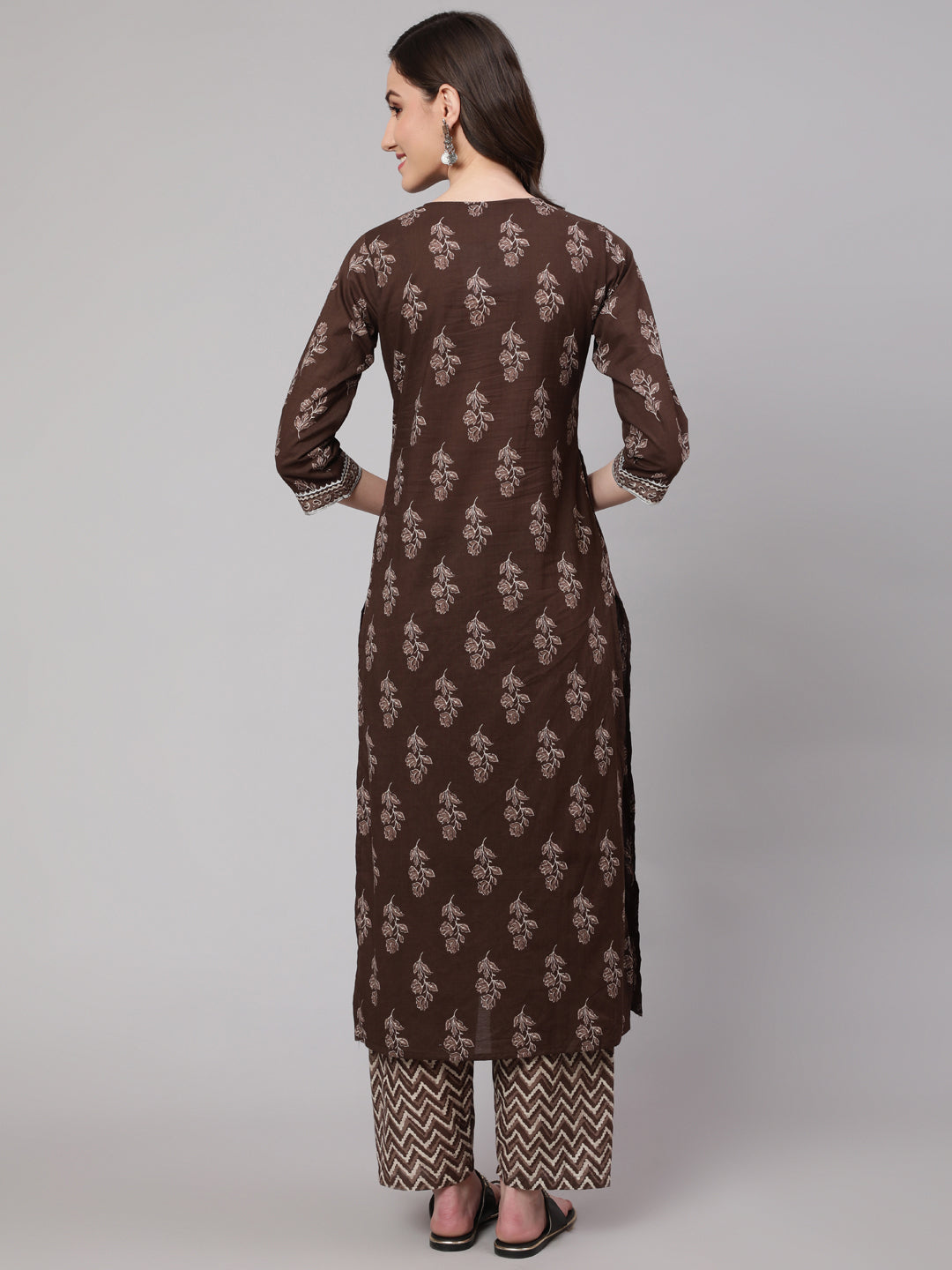 Women Brown Floral Printed Straight Kurta With Palazzo | LASVINI - Redefining Indian Fashion with Elegance