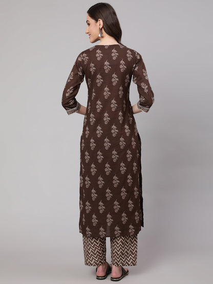 Women Brown Floral Printed Straight Kurta With Palazzo | LASVINI - Redefining Indian Fashion with Elegance