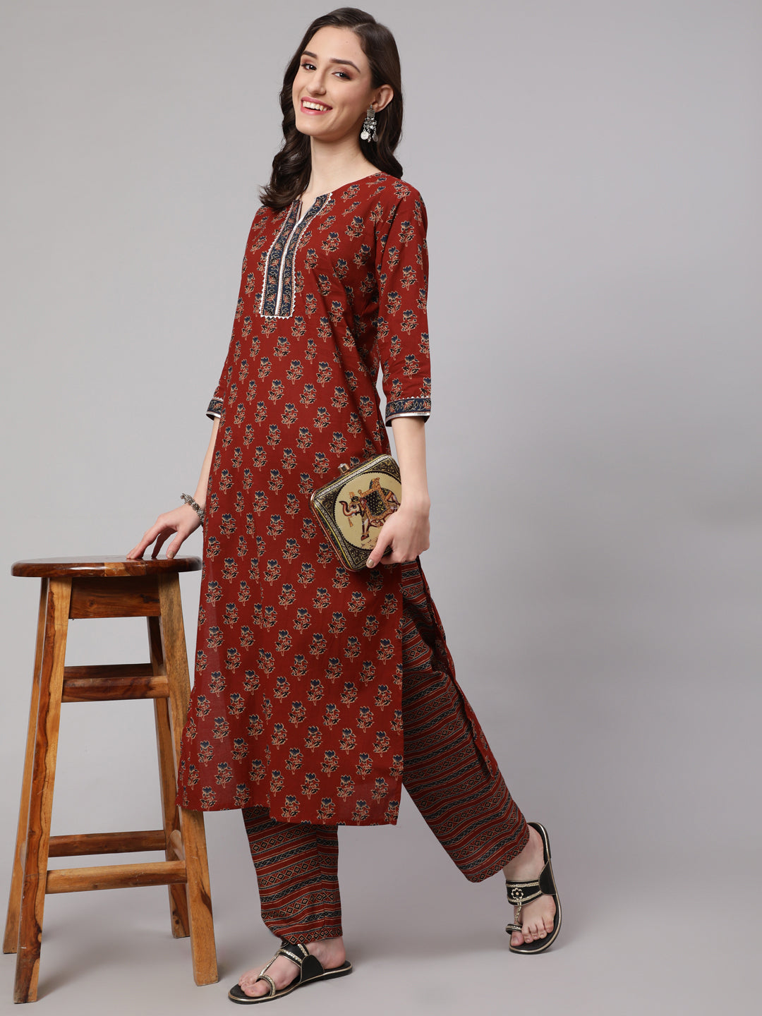 Women Maroon Ethnic Printed Straight Kurta With Palazzo | LASVINI - Redefining Indian Fashion with Elegance