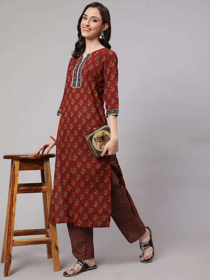 Women Maroon Ethnic Printed Straight Kurta With Palazzo | LASVINI - Redefining Indian Fashion with Elegance